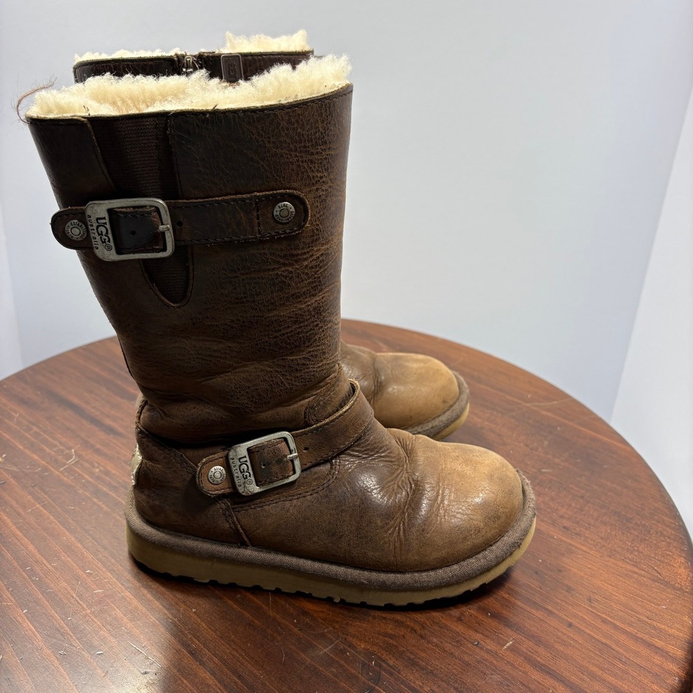 UGG Kensington Snow Boots Girls Size 13 Brown Leather Sherpa Lined Zip Winter - Picture 3 of 7